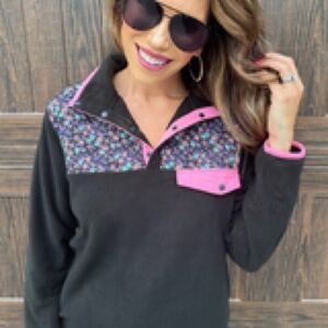 Black and Pink Floral Women's  1/4 Snap Pullover Fleece